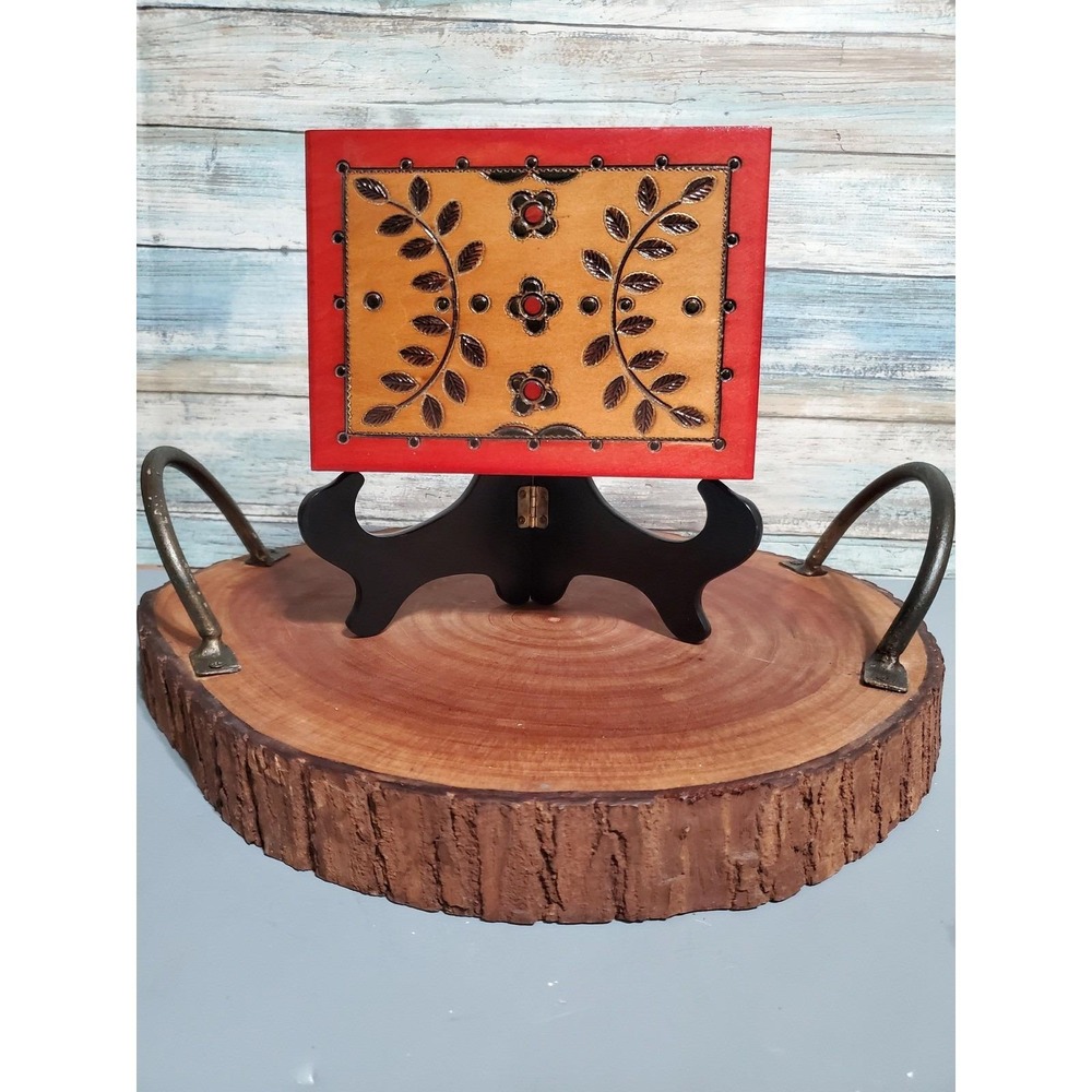 😎Vintage Polish Carved Wood Trinket Jewelry Box Red Floral‎ Embossed Lid